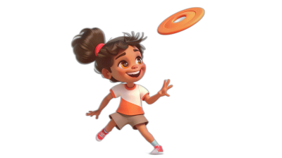 A cute pixar-style cartoon girl with dark brown skin, white shirt and orange shorts is playing frisbee on a black background. She has her hair in two pigtails and wears sneakers. The character should be depicted as lively and joyful, engaged in the activity of throwing or catching a flying frisbee. The style is reminiscent of Pixar's charming animation, with 3D rendering.