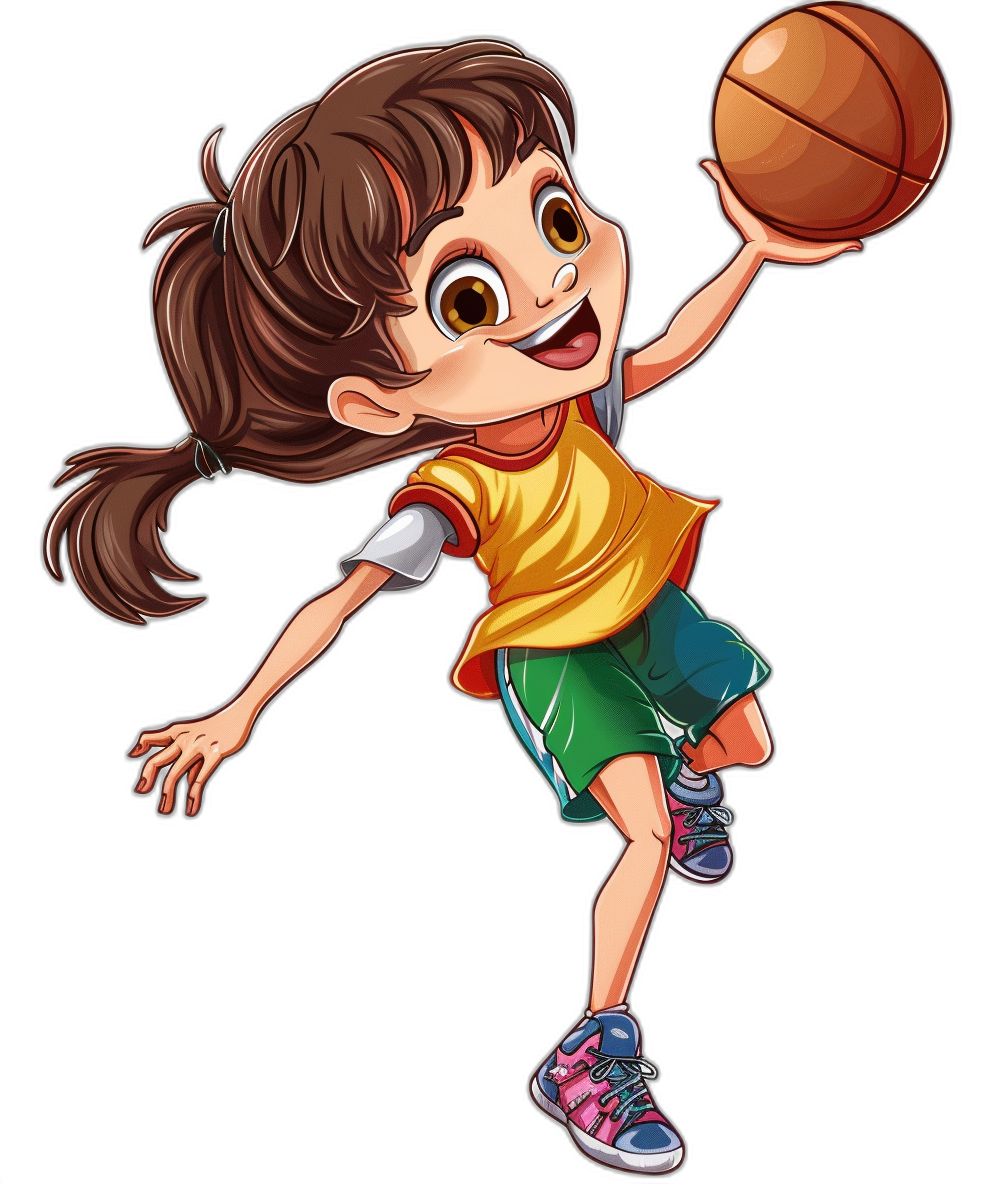 A cute little girl is playing basketball in a cartoon style with a black background and colorful . She has brown hair in pigtails and wears bright sneakers, smiling as she jumps to dunk the ball. The illustration combines elements of Disney animation with Pixar’s playful character design. Vector graphics, high resolution, professional lighting, high detail.