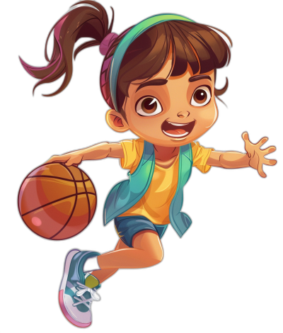 cartoon of a girl playing basketball, cartoon style illustration for children's book, colorful, full body, solid black background, high resolution vector in the style of Dora the explorer