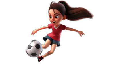 3D character of an Asian girl playing soccer, wearing a red t-shirt and black shorts, jumping and kicking the ball with her right leg, with a smiling face, with long brown hair in a ponytail, in the style of cartoon, in the style of Disney Pixar, on a pure black background.