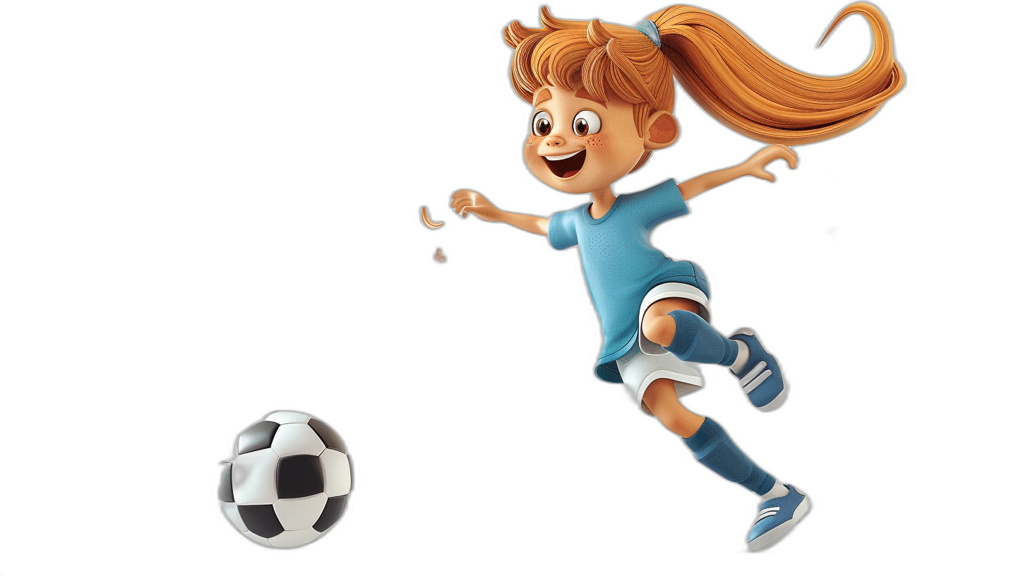 Cartoon girl in a blue jersey playing soccer in the style of Disney Pixar animation, with a simple cartoon style on a black background, shown in a full body shot with white shoes and socks, ponytail hair, and jumping into action with the ball. High quality illustration.