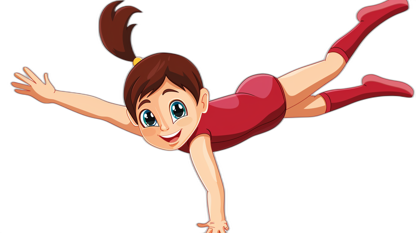 A cartoon girl in a red dress is flying, with brown hair and blue eyes, simple facial expressions, on a black background, with simple lines and details, in the style of a flat illustration, in 2D vector graphics, with a simple design and high resolution, without shadows, showing her full body, with no shading or shadowing. A cartoon cute little girl wearing yoga pants and doing bungee jumping. She has long legs and her hands hang down from the side of her head, in a full-length, full-body portrait.