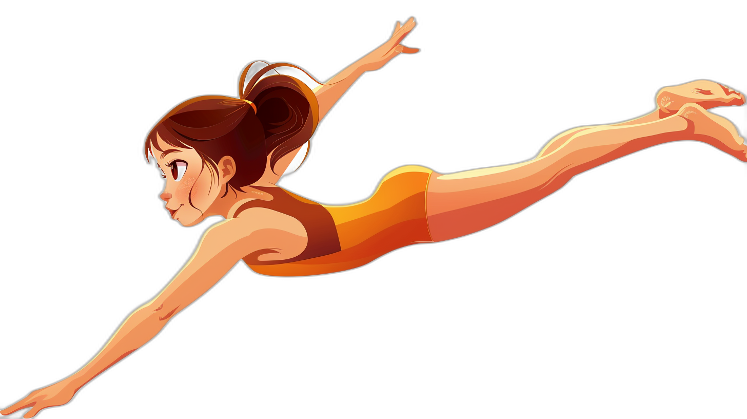 cartoon illustration of a brown haired girl gymnast in the air, side view, against a solid black background, in the style of Disney Pixar