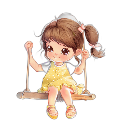 chibi style, cute kawaii little girl with brown pigtails hair and yellow dress sitting on wooden swing, full body, black background, digital art drawing in the style of chibbi.