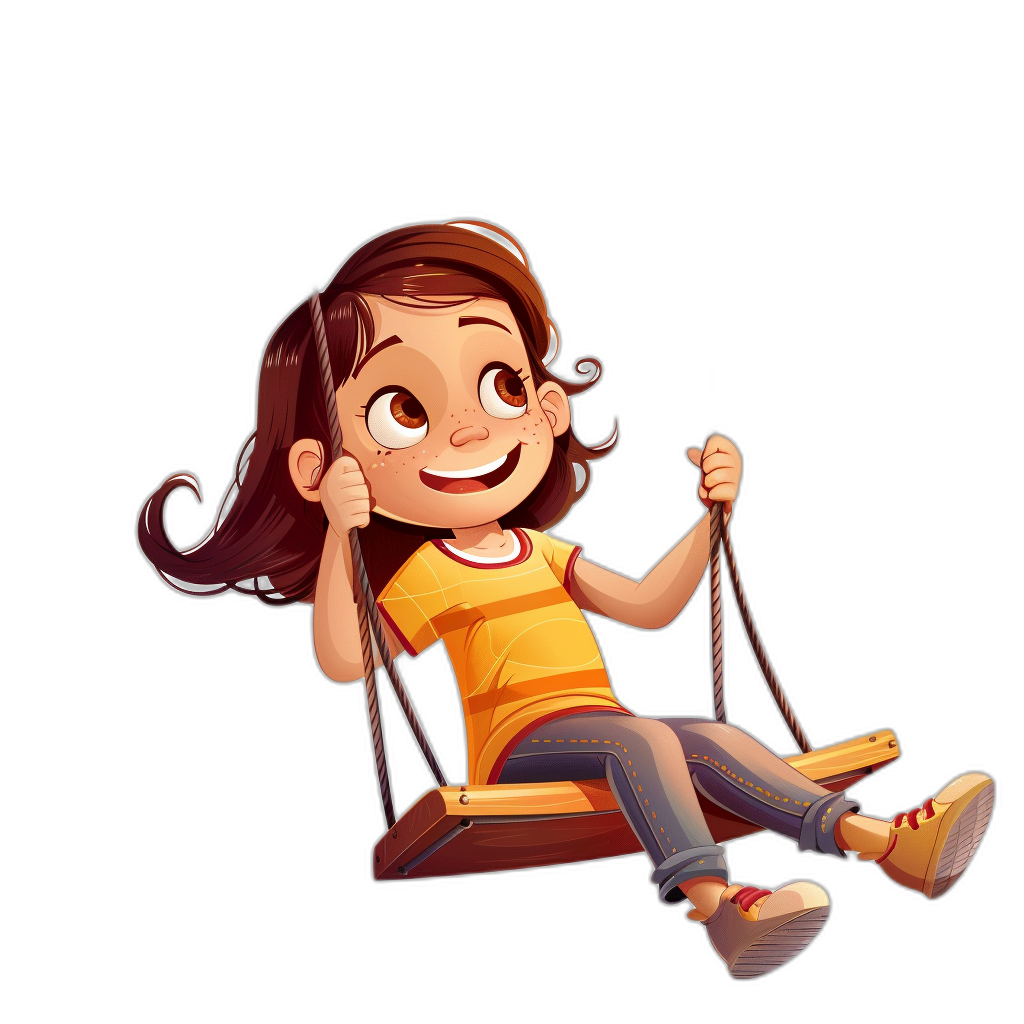 A cute girl is sitting on the swing, smiling happily. The illustration style is vector with flat design, simple lines and shapes, and simple details on a black background with bright colors. The style is cartoon-like with a cute animation style, similar to cartoon art and 2D game art. She has brown hair in pigtails, wearing jeans and an orange t-shirt. The composition shows her upper body isolated from a white background, holding onto both ends of the rope while swinging up and down, in the style of cartoon art.