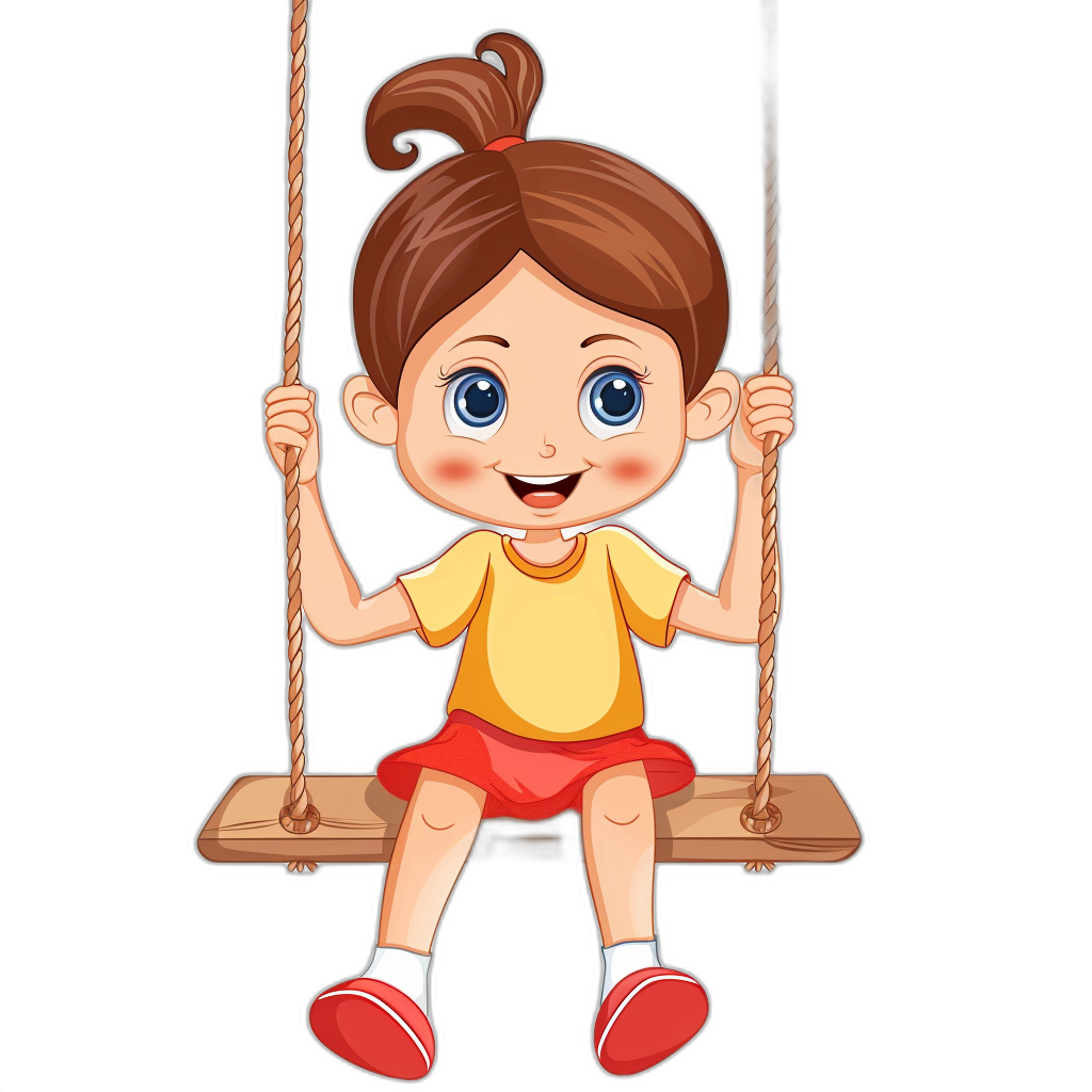 A cute cartoon girl sitting on a swing with a happy expression. The illustration is in the style of a vector style with simple lines on a black background. It is a high resolution image without shadow effects or shading details. The cartoon character design has a simple color scheme and is high definition quality.