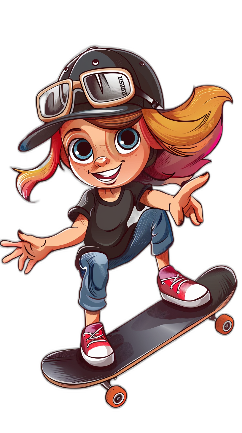 cartoon illustration of cool girl with big eyes and hair in cap on skateboard, isolated black background, pro vector