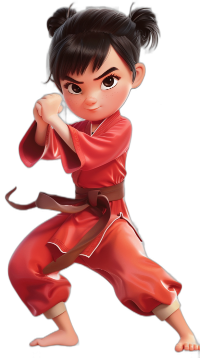 A little girl in red martial arts attire, with short black hair and big eyes, doing kung fu poses in the style of Pixar, cartoon character design on a black background, high definition artwork.