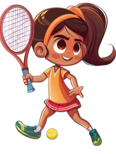 Cute little girl playing tennis in the style of a cartoon vector illustration on a black background, character design for a game, high resolution, high quality, high detail, high definition, high contrast, professional photography with professional lighting and professional color grading, solid white background, full body portrait.