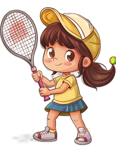 A cute little girl playing tennis, vector illustration in chibi style with black background. She is wearing yellow tshirt and blue skirt, white sneakers, baseball cap on her head. The young athlete holds the racket at an angle to hit a ball. Her brown hair flows down around shoulders. It's summer outside. Illustration for children book or print