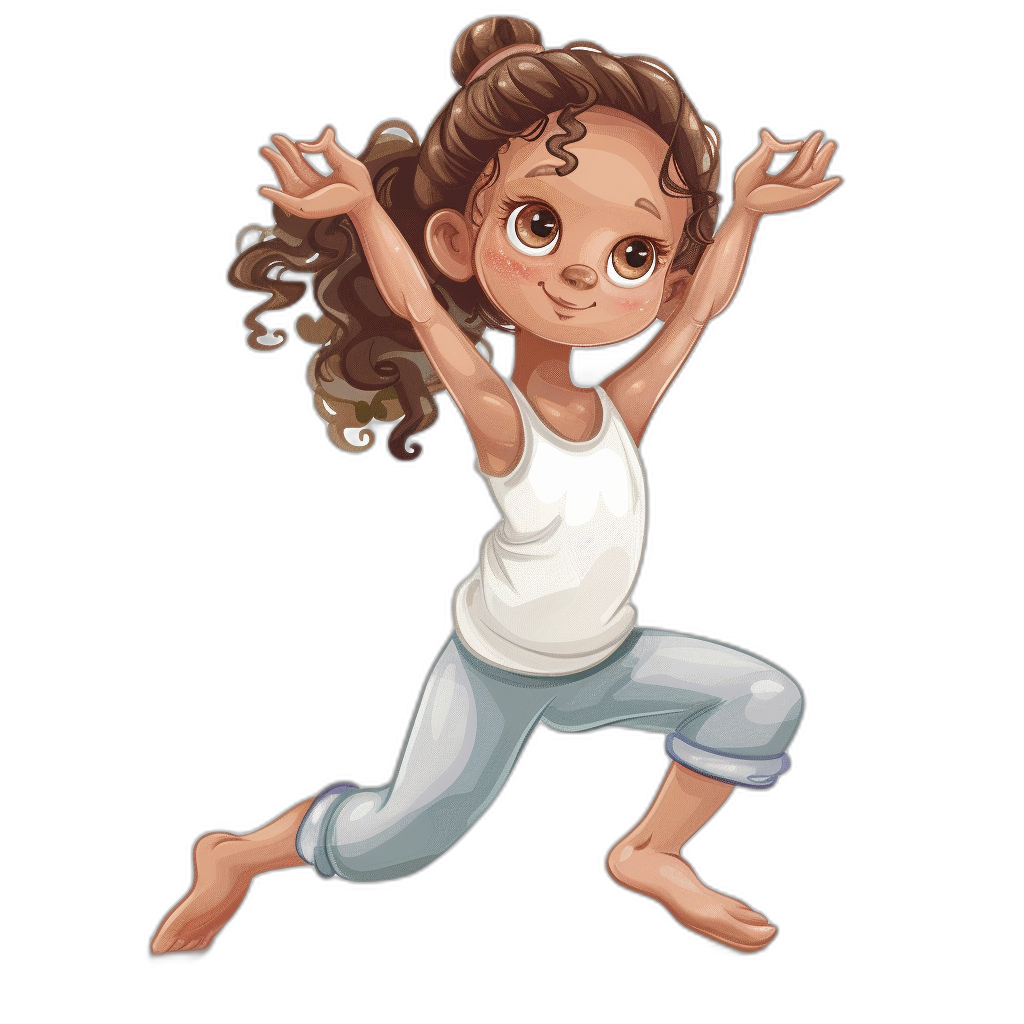 cartoon of a cute little girl doing yoga, wearing a white tank top and light blue pants, with brown curly hair in a ponytail and bangs, brown eyes, smiling, against a black background, showing her full body.