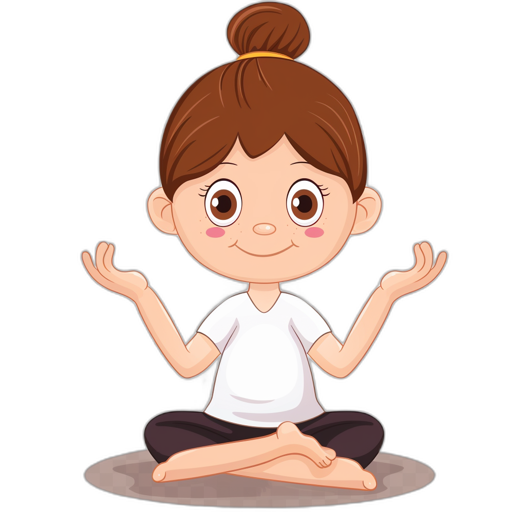 A cute cartoon girl doing yoga in a vector illustration with a black background. She is wearing a white t-shirt and sitting in lotus position on the ground, with her hands placed at mid-chest height with palms facing each other. She has brown hair in a bun style.