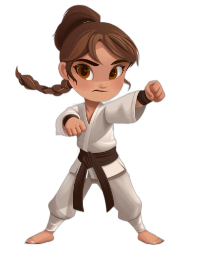 chibi style, cute girl with brown hair in braid wearing white jiujitsu gi doing karate kick, full body, black background, digital art by Disney and pixar