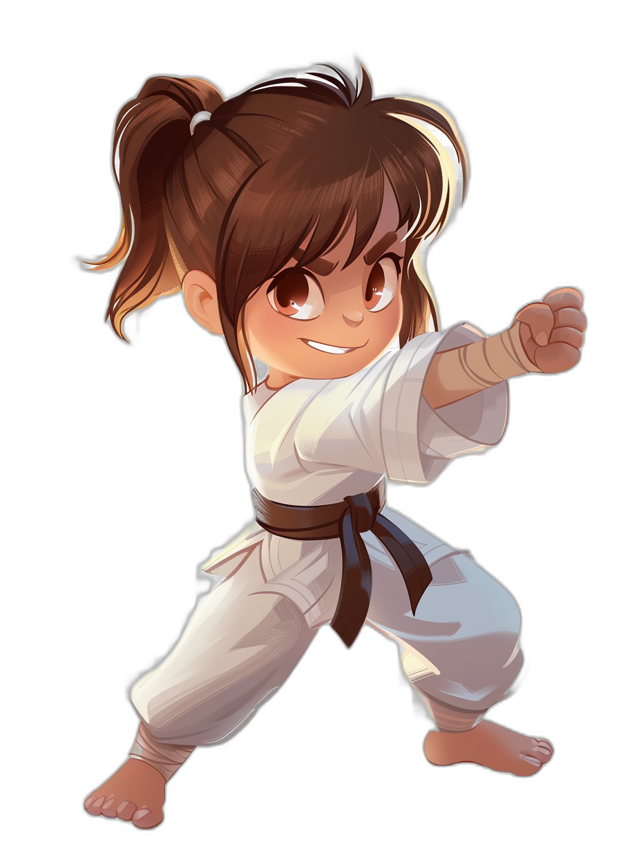 A cute little girl with brown hair in pigtails, wearing a white jiujitsu gi and doing a karate kick pose against a black background, in the chibi style with a cartoony art style. It is a high quality, high resolution full body shot with high contrast lighting. The digital painting and drawing techniques create a character design.