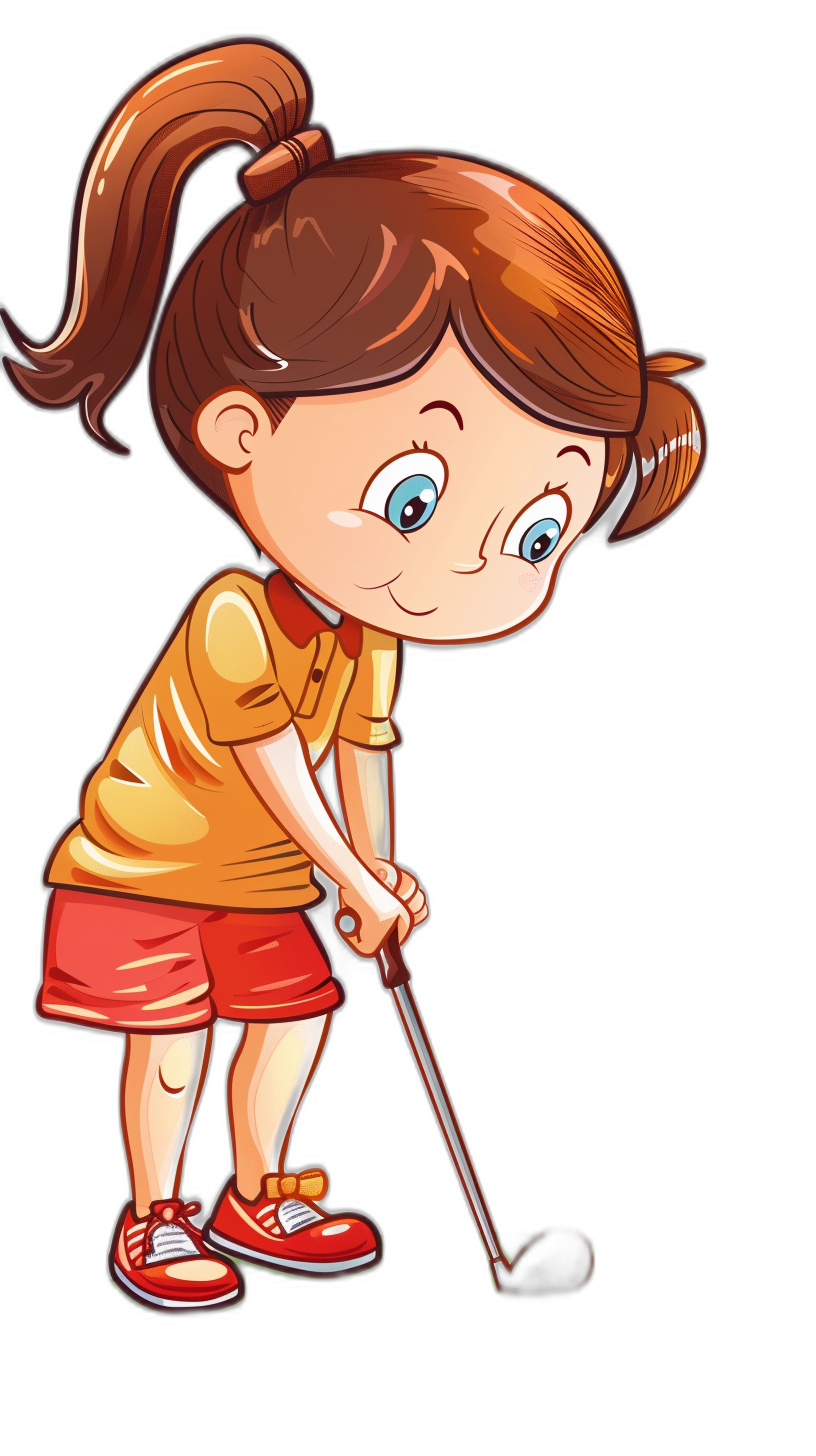 A cute little girl playing golf in the style of clip art style cartoon, isolated on a black background.