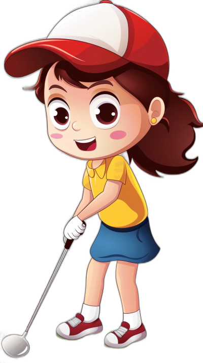 A cute little girl is playing golf, wearing a red and white cap with a yellow shirt and blue skirt. She is smiling while holding the club on a black background in the style of chibi style cartoon vector illustration clipart stock photo contest winner, artstation, behance hd, 300 quarter view angle, full body, vector.