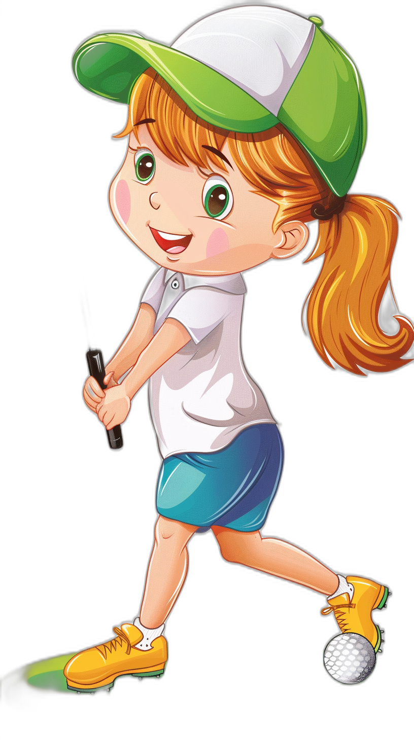 A cute little girl playing golf in the style of clip art cartoon. The vector illustration shows her wearing a white and green cap with blue shorts and yellow shoes, holding a golf club in her hand. She has big eyes, a smiling face, and pony tail hair. The high resolution and highly detailed artwork shows her isolated on a black background and is of best quality.