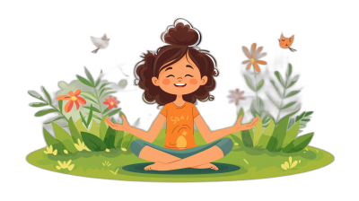 A cartoon girl meditating in the garden, wearing an orange Tshirt with flowers and birds around her. Black background. Vector illustration. Flat design. She has brown hair and is smiling. The character's pose suggests relaxation or focus as she sits crosslegged on lush green grass surrounded by blooming wildflowers. A small bird perches nearby adding to its peaceful atmosphere. In front of him there’s space for text. No shadows.