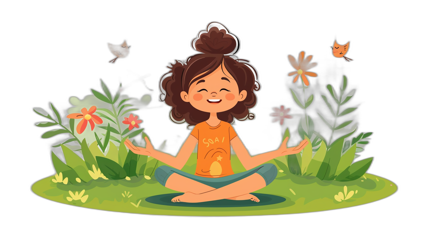 A cartoon girl meditating in the garden, wearing an orange Tshirt with flowers and birds around her. Black background. Vector illustration. Flat design. She has brown hair and is smiling. The character’s pose suggests relaxation or focus as she sits crosslegged on lush green grass surrounded by blooming wildflowers. A small bird perches nearby adding to its peaceful atmosphere. In front of him there’s space for text. No shadows.