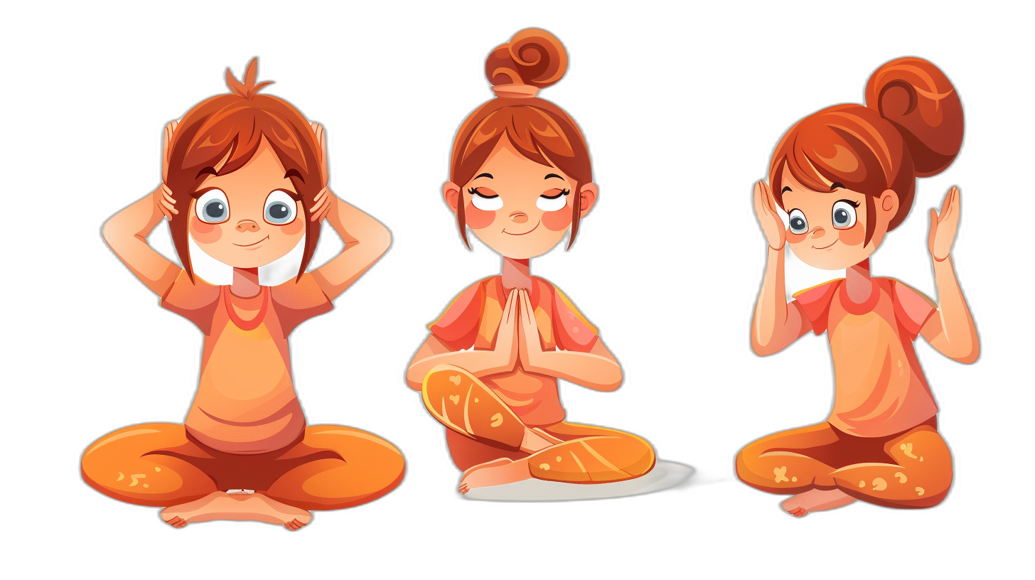 A cute little girl doing yoga poses in three views in the style of a cartoon, vector illustration with a flat design on a black background using warm colors. She has red hair in a bun and orange  with different expressions, such as hands up to the ears and sitting on her knees with a happy face expression. Vector Illustration