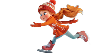 A girl ice skating, wearing an orange sweater and a red hat with a white pattern on it, in the style of Pixar, in the Disney animation style, on a black background, with a cartoon character design, as a full body shot, in high definition, as a 3D rendering, at a high resolution.