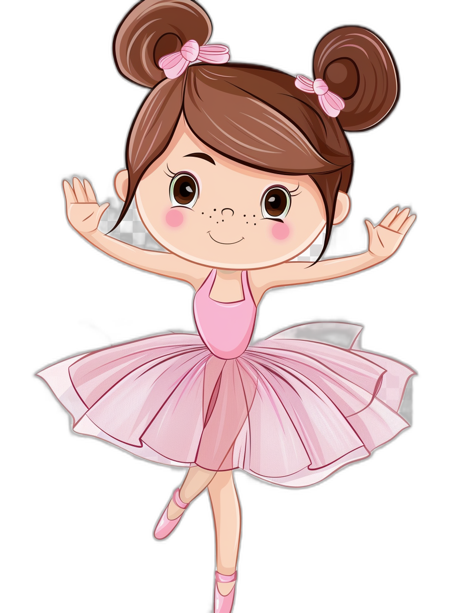 Cute cartoon ballerina in pink tutu, vector illustration on black background, cute little girl with brown hair and big eyes doing ballet pose