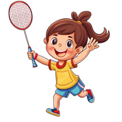 cartoon style of happy girl playing badminton, clip art for graphic design on black background