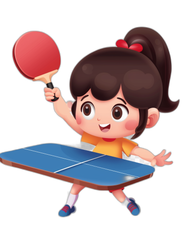 Cartoon character design, girl playing table tennis with red paddle and blue player on black background, simple illustration style, vector graphics, flat colors, children's book illustrations, cute cartoon characters, cartoon elements, game art. The little girl is holding the racket in her hand and ready to hit the ball. She has big eyes and double ponytails.,in that fit well into an anime or chibi theme, 2D animation, simple lines, solid color blocks, character concept drawings, white background