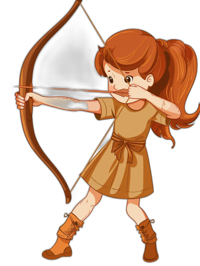 A cute little girl is shooting with an arrow in a cartoon style. The simple drawing has a solid black background. She is wearing a brown short skirt and boots with a bow in hand in an archery pose. Her brown hair is in a ponytail.