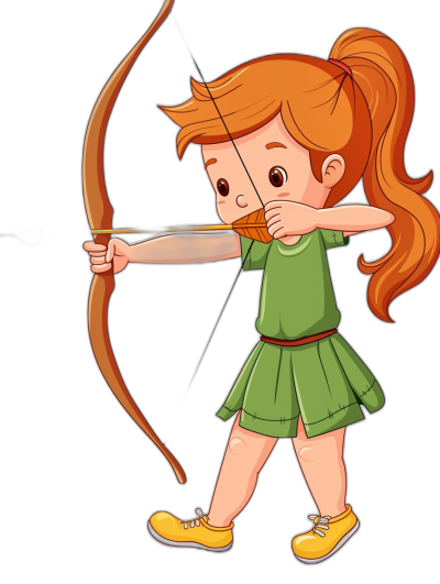 Cute cartoon girl with red hair in a green dress shooting a bow and arrow in the style of vector illustration on a black background