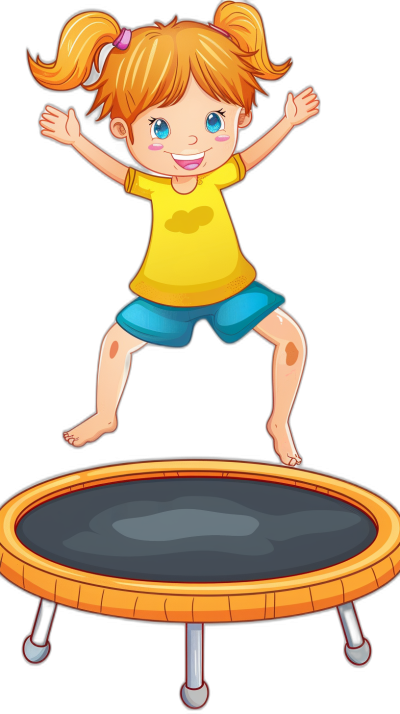 A cartoon girl is jumping on the trampoline, with a black background and colorful . She has blue eyes, yellow hair, wearing shorts and a short-sleeved shirt, holding her hands up to balance herself while playing. The illustration style features a flat design with vector graphics, giving it an animated feel. It's simple yet lively, suitable for children aged three or four years old. in the style of handdrawn animation, in the style of Asian Traditional Tattoo, colorful, in the style of Ukiyoe, on a white background.