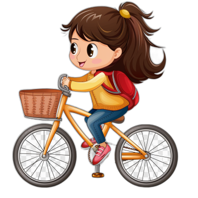 A cute girl riding an orange bicycle with pink shoes in the style of a cartoon, vector illustration style, simple and clean design, black background, character sticker, white border on each element side for easy cutout. She has brown hair in pigtails and is wearing red sneakers. The bike's basket holds her school bag.