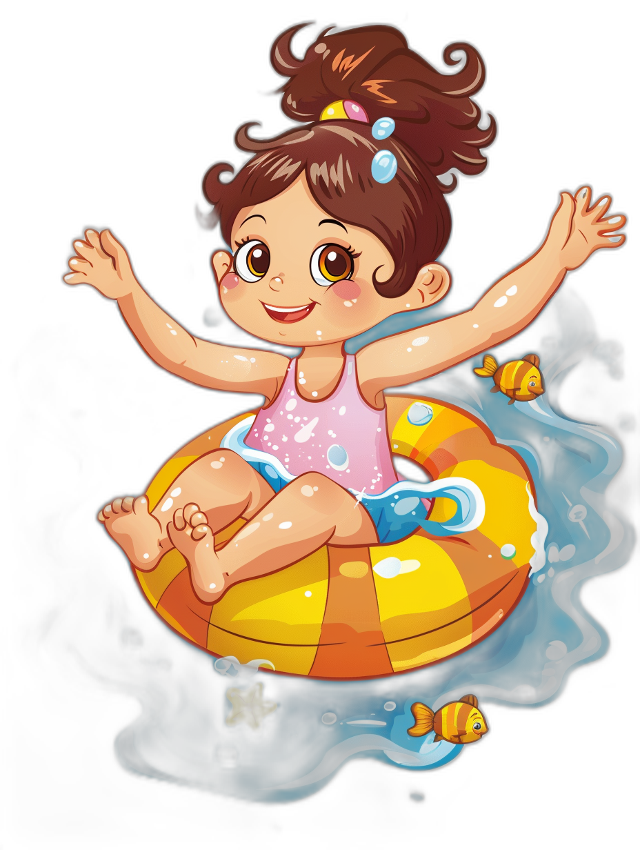 A cute little girl is sitting on an inflatable ring in the sea. The vector illustration is in the style of simple lines and flat illustrations with colorful colors. It is a full body closeup of the girl with brown hair and bangs. She has big eyes and is wearing pink short sleeves and blue shorts. She is holding her hands up to float around in the sea. The illustration has a black background and colorful cartoon characters. It is a high definition, high resolution image with cute expressions.