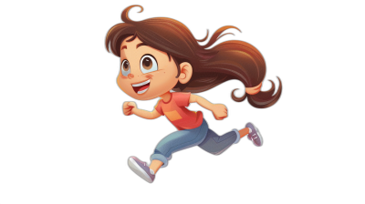 A cute girl is running and smiling happily in the style of a Disney style cartoon character. The 2D flat illustration shows her whole body in profile against a black background. She has long brown hair and wears jeans, an orange shirt, and purple shoes on her feet. Her eyes have large white pupils and she smiles widely to show her teeth. The colors should be bright and vibrant, with red, pink, dark blue or gray tones for the  and white for the skin tone.