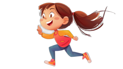 A cute girl is running, smiling and looking at the camera in the style of Pixar on a black background. She has brown hair with a long ponytail tied back in two pigtails. Wearing an orange shirt over a red t-shirt, blue jeans and colorful sneakers. The character is drawn in a cartoon vector art style with vibrant colors. It is a full body shot.