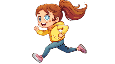 cartoon girl running with a happy face in the vector illustration style, full body shot against a black background, wearing a yellow hoodie and blue jeans with pink shoes, long brown hair in a ponytail hairstyle, big eyes, cute smile, 2d game art style