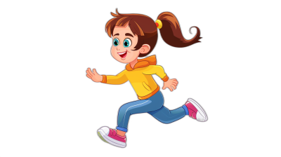 A cute cartoon girl is running in a full body shot against a black background. She has a simple, flat illustration style with bright colors and clear lines. The girl has brown hair in pigtails and is wearing blue jeans and pink sneakers. She should have an adorable expression on her face as she runs forward, showing energy and happiness in the style of digital art techniques.