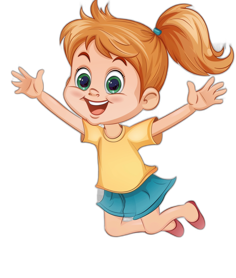 A cute cartoon of a happy little girl jumping in the style of clip art style on a black background.