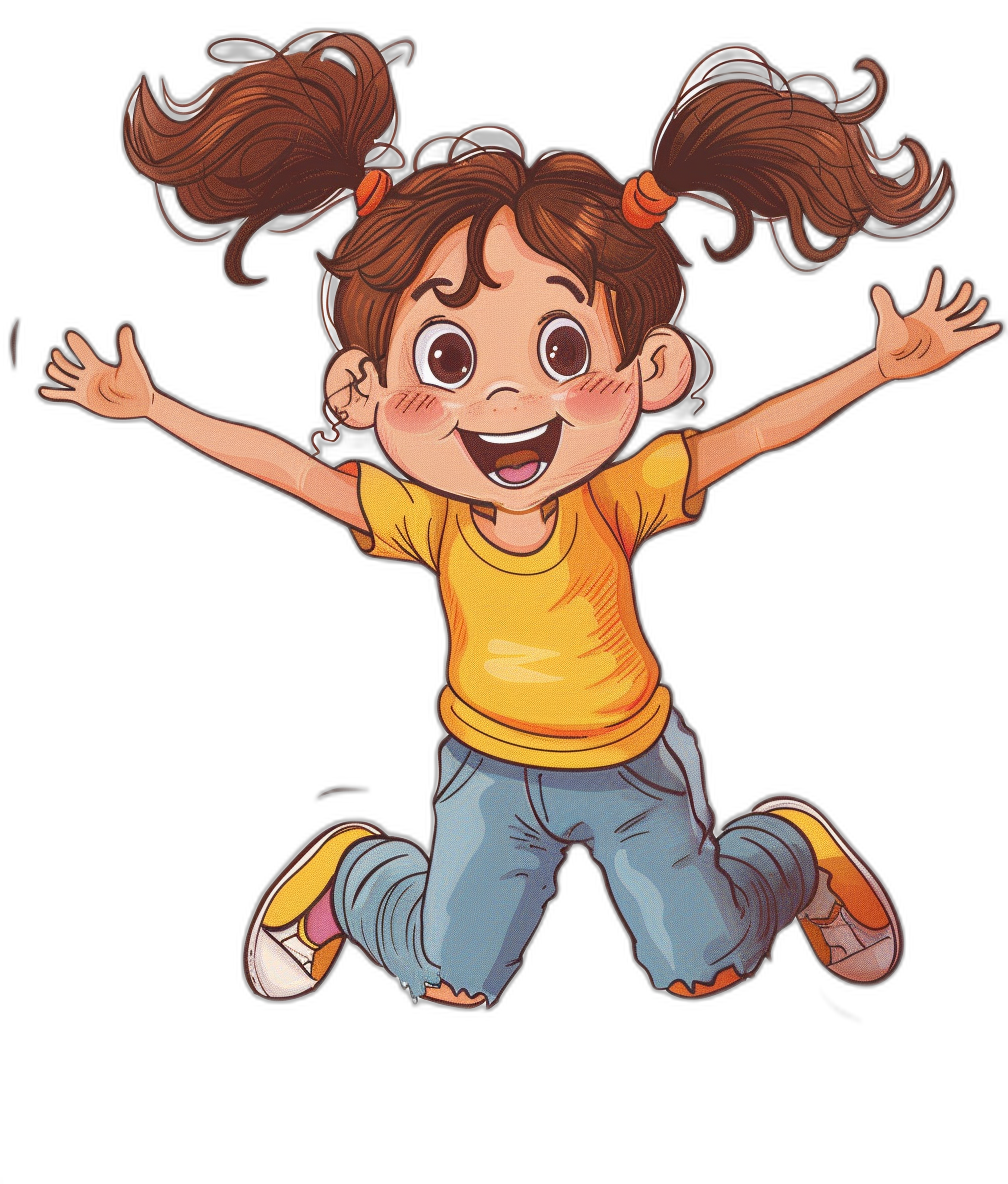 Cute cartoon girl jumping, with a happy expression, using simple lines, on a black background, with bright colors, wearing a yellow t-shirt and blue jeans, with brown hair in two pigtails tied in ponytails, with big eyes, with hands raised high to catch the air, with a smiling face, in the style of a cartoon character design, as a full body portrait.