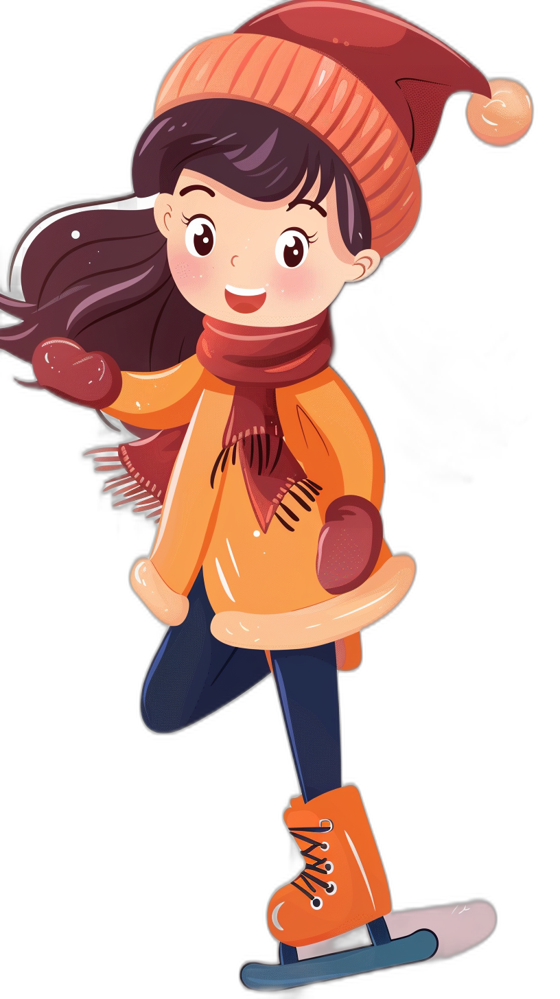 Cartoon girl wearing an orange hat and scarf, ice skating on a black background. She is dressed in a long-sleeved sweater with gloves on her hands. The cartoon has bright colors and a cute expression. It should have clear lines and textures, with a high-definition resolution. Her hair features long brown straight hair, with a full body portrait and flat illustration style in the style of flat illustration.