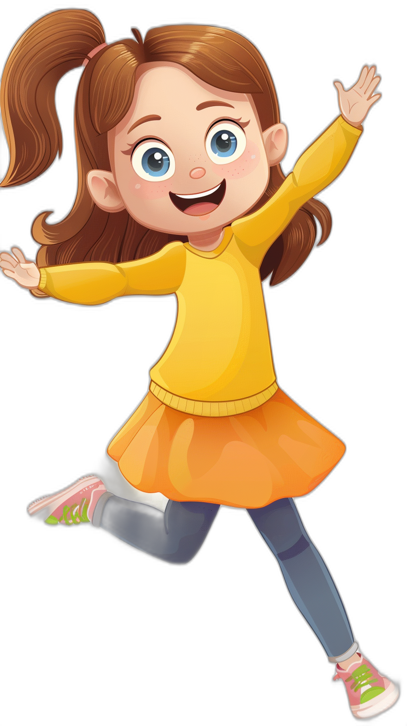 A cute happy girl in a yellow dress and grey tights, jumping up with arms outstretched, blue eyes, in the style of cartoon, clip art for stickers, black background