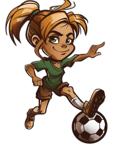 cartoon style of a little girl playing soccer, wearing a green shirt and brown shorts with pigtails hair in the style of rpg video game cartoon character design, black background