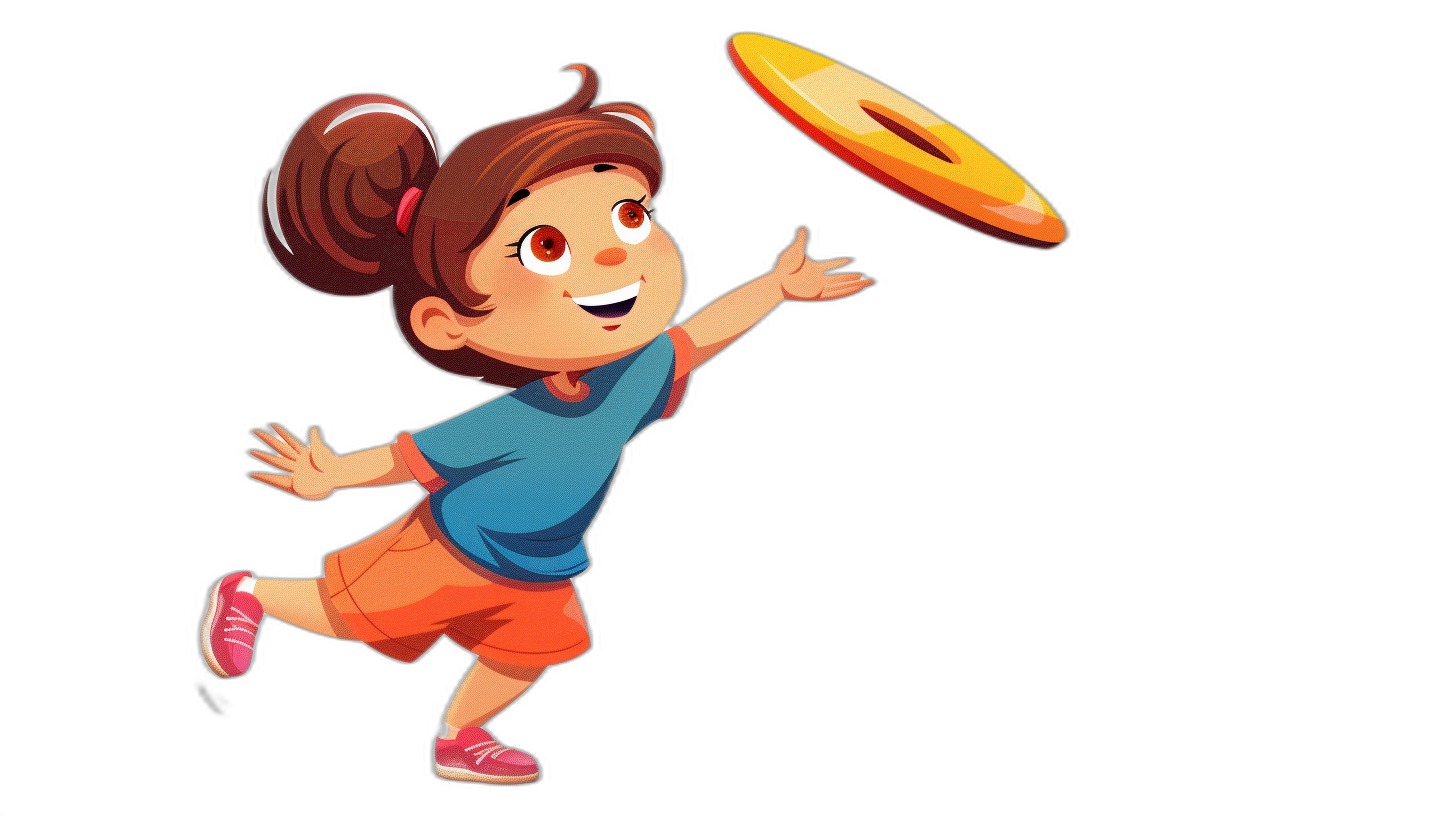 A cartoon girl is playing frisbee in a simple style as a vector illustration against a solid color black background with a cartoon character design in the cute and colorful animation style at a high resolution, high detail, and high quality.