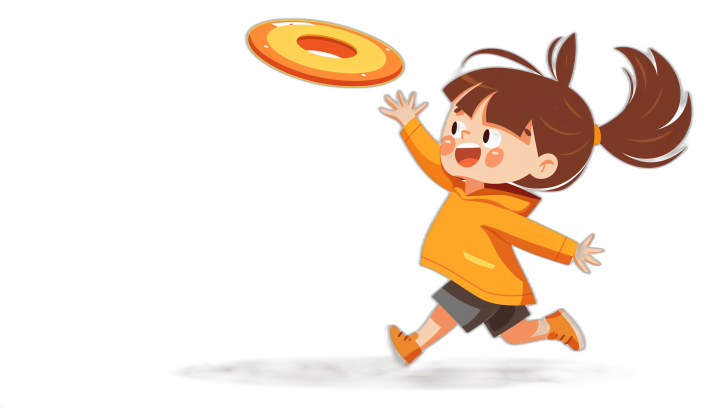 A little girl is playing frisbee. A simple flat style illustration with a black background and simple lines in the style of a cartoon character design. The 2D game art features a yellow and orange color scheme with high resolution, high quality details.