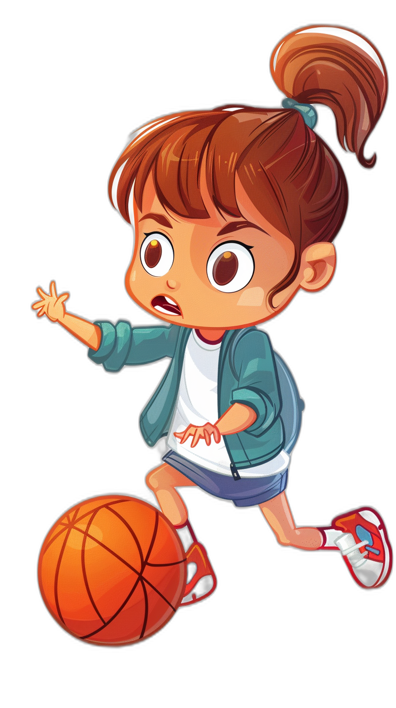 A little girl playing basketball in the style of a cartoon, in a simple drawing style with a black background, 2D game art in a simple design, chibi character design in a high resolution, high quality image.