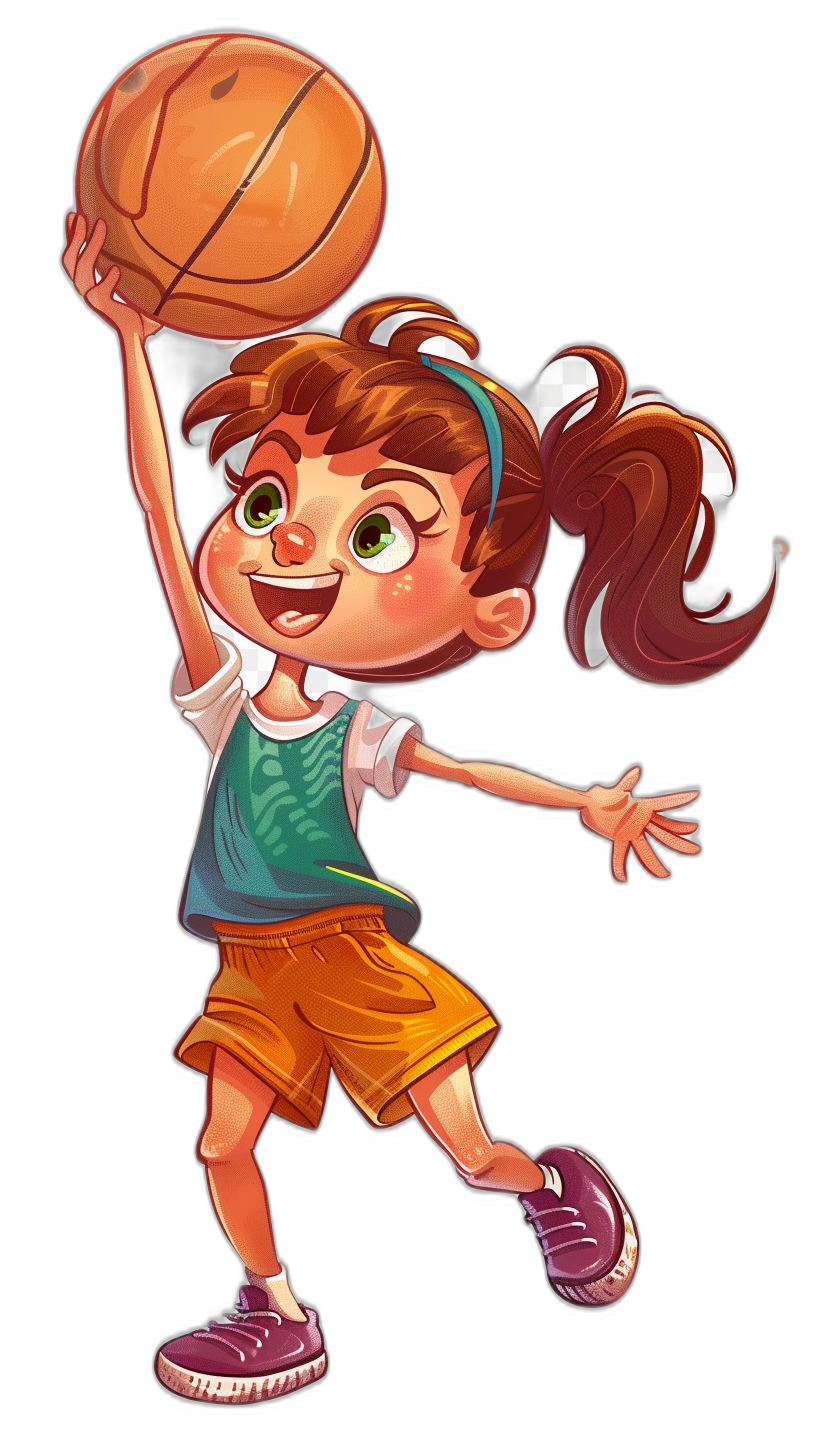 cartoon illustration of a happy girl playing basketball, isolated on a black background, in the style of Pixar.