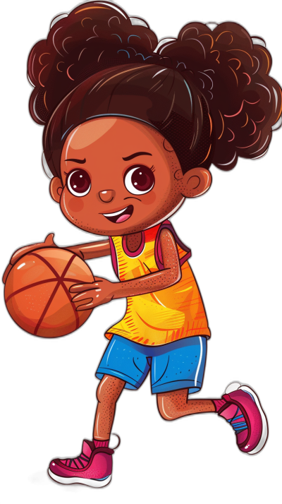 A cute little black girl is playing basketball, wearing colorful sneakers with curly hair on her head. She has big eyes and hands holding the ball in front of them. The background color should be pure black to highlight the cartoon character design. This illustration will focus only on one element, without any other elements around it. It's like an isolated object that embodies both cuteness and action, in the style of vector style and flat style.