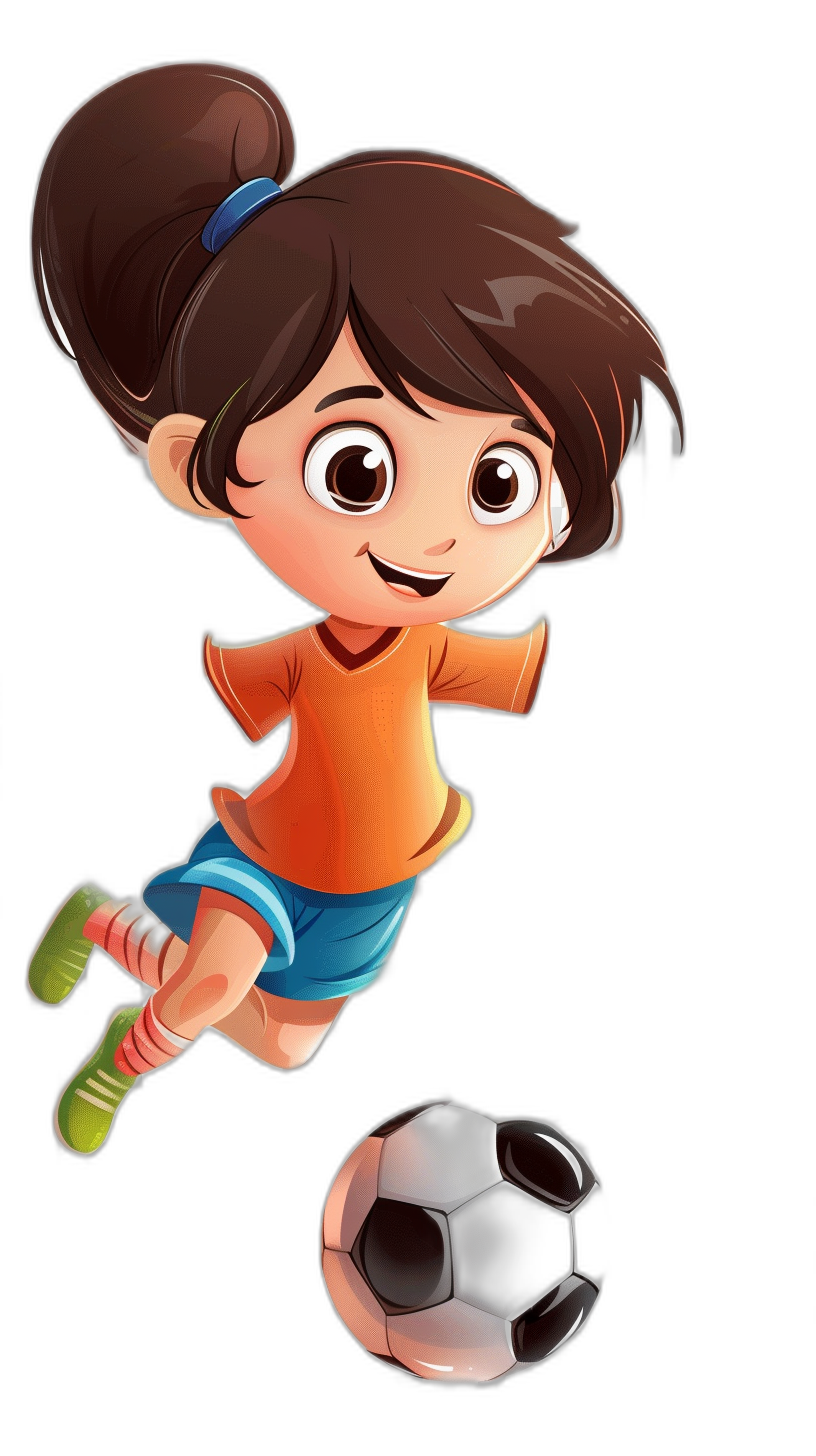 Cute cartoon girl playing football with a simple, solid color black background in the style of a 2D game art style. The cartoon character illustration shows a colorful animation still of a dynamic pose. The cartoon face shape has black hair in a ponytail hairstyle, big eyes and long eyelashes. She is wearing an orange short-sleeved t-shirt and blue shorts with white stripes on the side of her knees, kicking a soccer ball from a high angle view and smiling with her mouth open wide.