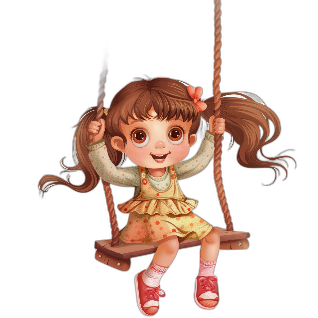 Cute cartoon girl sitting on the swing, happy expression, big eyes, brown hair with bangs and twintails, yellow dress red shoes, black background, high definition details