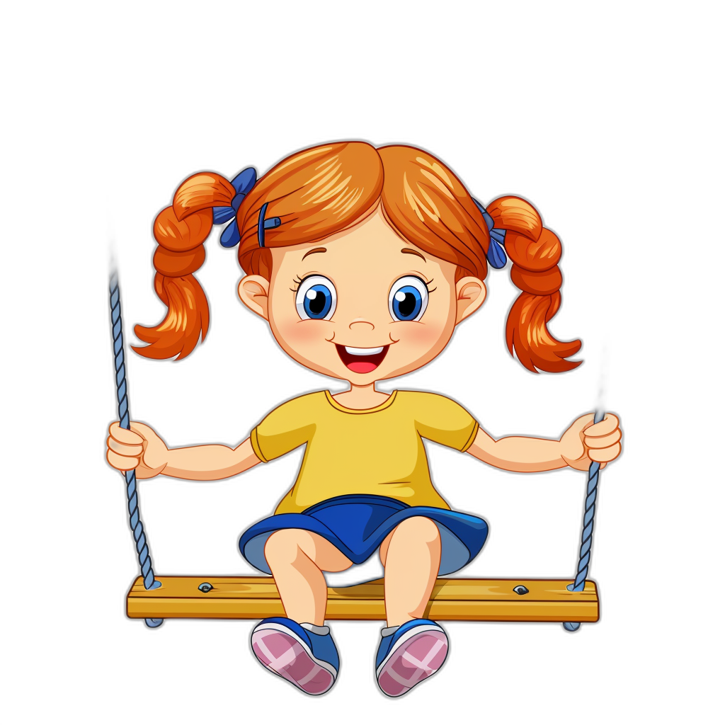 A cute happy cartoon girl sitting on the swing, smiling and looking at you with big eyes. She has red hair in pigtails, wearing a yellow t-shirt and blue shorts against a black background. The illustration is in the style of a vector flat design with the highest quality and best detail.